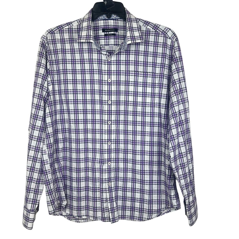 Bugatchi shirt men’s XL Classic fit flip contrast cuffs Purple/blue print